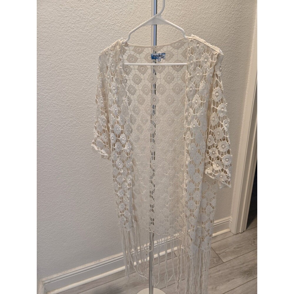 Rebellion Again Crochet Fringe Kimono Duster Cardigan Cream Ivory Women Size S